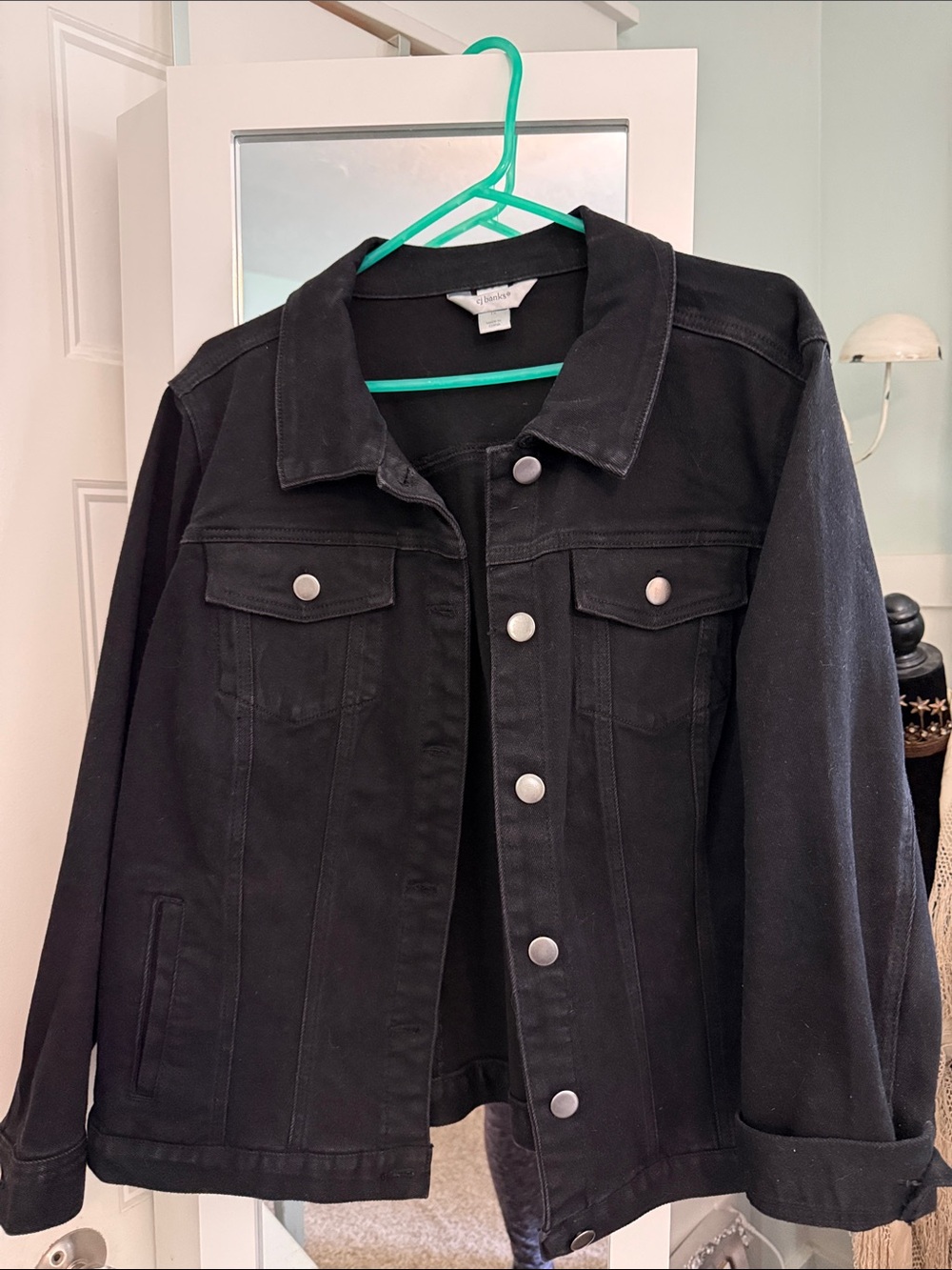 CJ Banks Black Denim Jacket with Silver Buttons